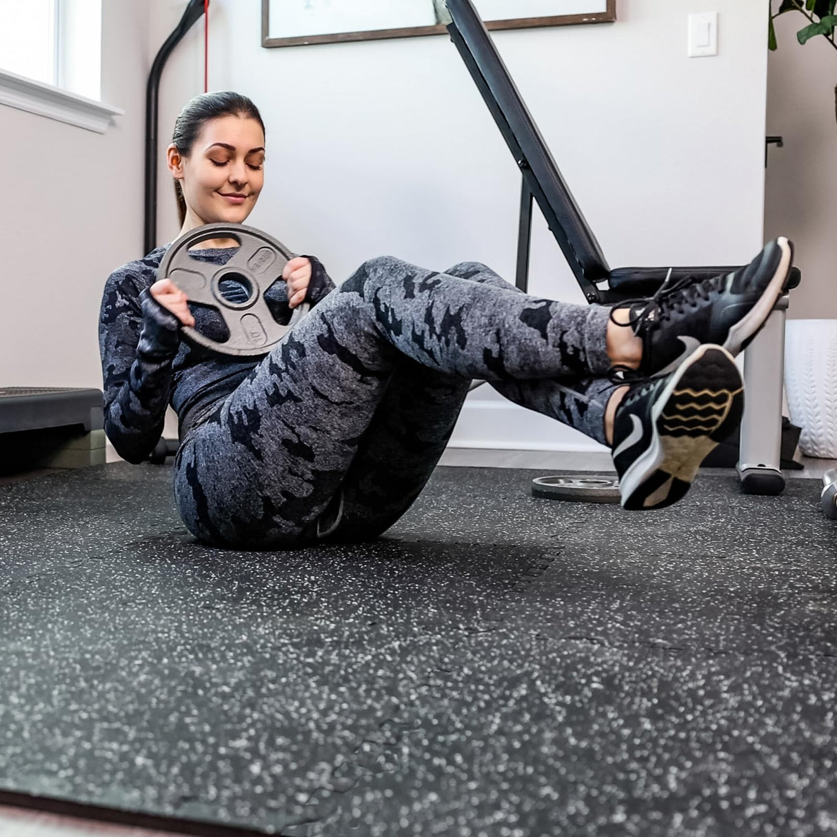 SUPERJARE 0.56'' Thick 12 Pcs 48 Sq Ft Rubber Top Exercise Equipment Mats, High Density EVA Foam Mats with Rubber Top, Interlocking Gym Flooring for Home Gym, Protective Workout Mat, Black/Grey SUPERJARE