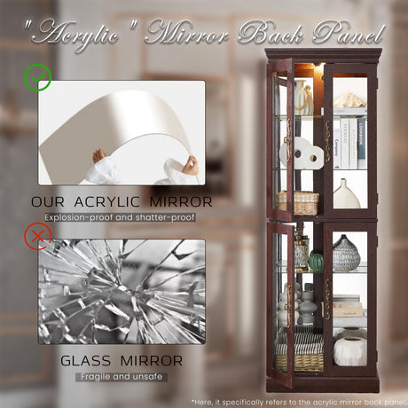 Lighted Curio Cabinet 71" Vintage Glass Display Case with Adjustable Shelves, 4 Tempered Glass Doors, Bulb Included, Wooden Square Wine Bar China Cabinet for Living Room Liquor Storage (Dark Cherry) CKEASEAN