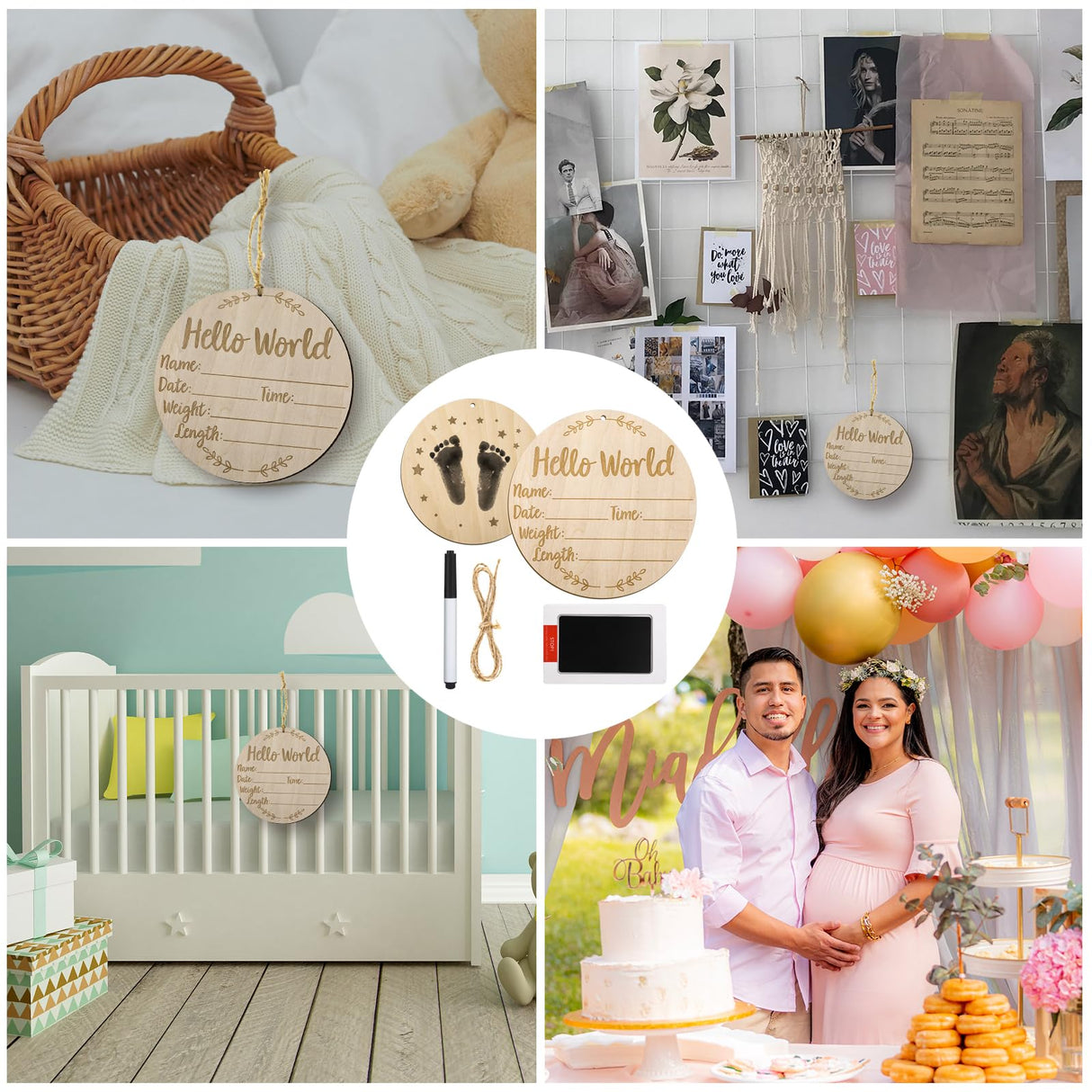 Wooden Baby Announcement Sign, 5.9 inch Baby Birth Announcement Sign with Ink Pad Markers Hello World Newborn Sign Baby Nursery Name Sign for SAVITA