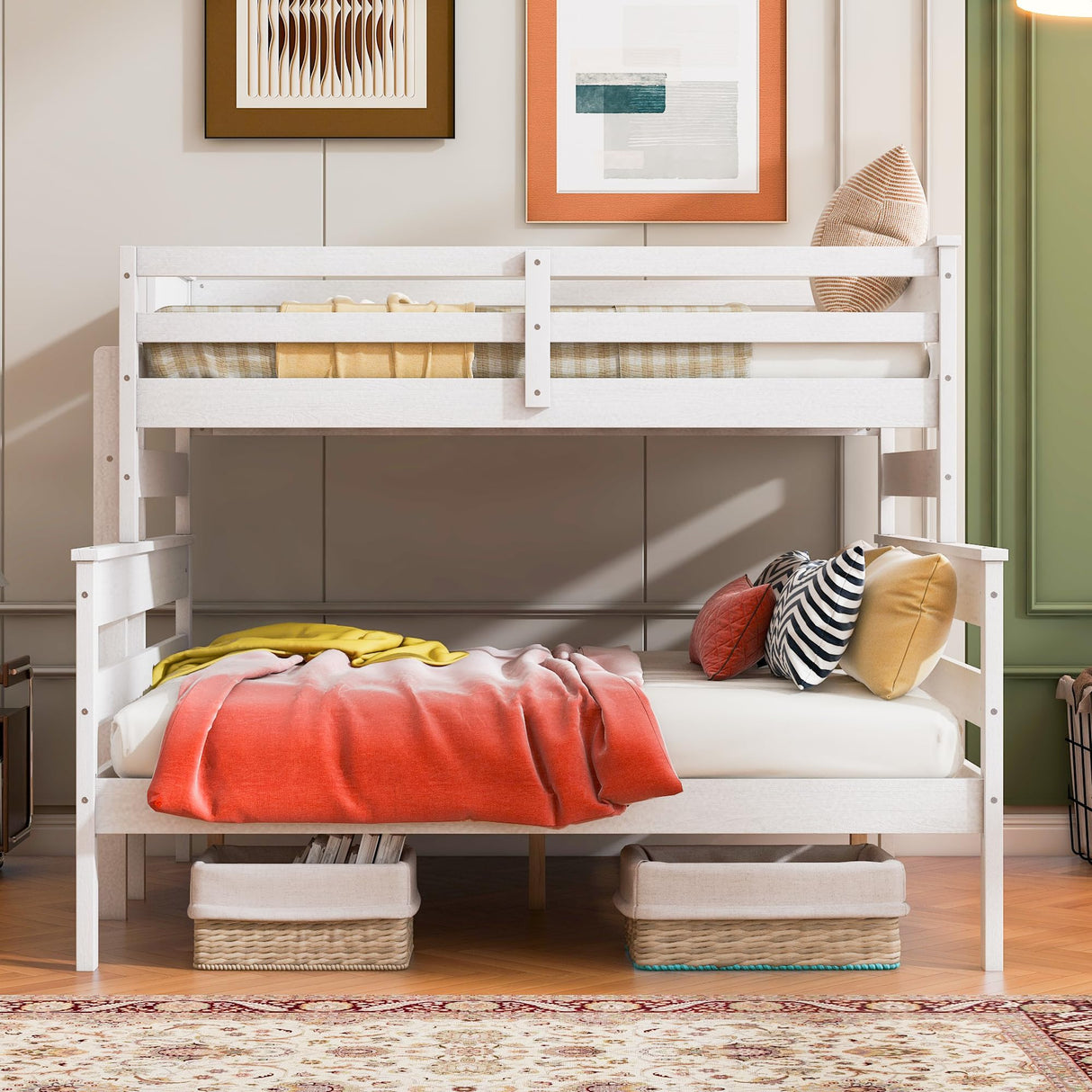 Harper & Bright Designs Detachable Design Twin XL Over Queen Bunk Bed with Ladder,Wood Twin-Over-Queen Bunk Bed Frame with Guardrail,Separated into 2 Beds(White) Harper & Bright Designs