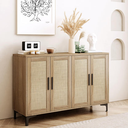 Sideboard Buffet Cabinet with Storage, Rattan Kitchen Storage Cabinet with Doors and Adjustable Shelves, Coffee Bar Cabinet, Entryway Cabinet, Rattan Sideboard Console Table for Dining Room,  - WoodArtSupply