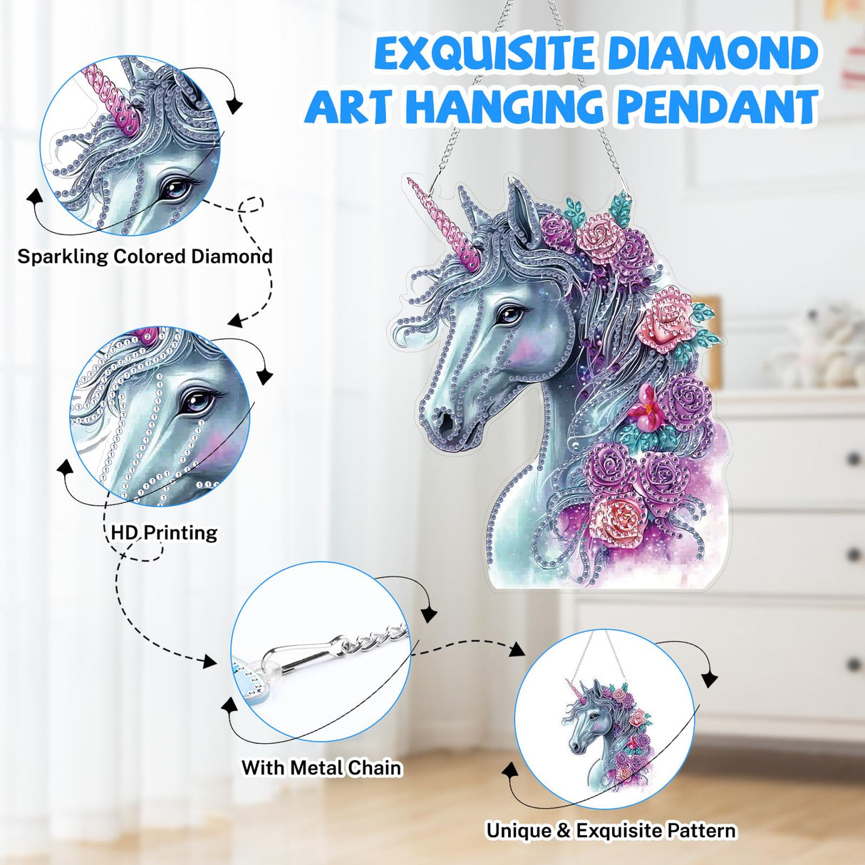 Bowetile Horse Diamond Art Hanging Kits for Adults Kids, 5D Special Shape Diamond Painting Flowers Pendant Kits, Animal Gem Art Suncatchers Painting Window Ornament for Home Garden Wall Decor Bowetile