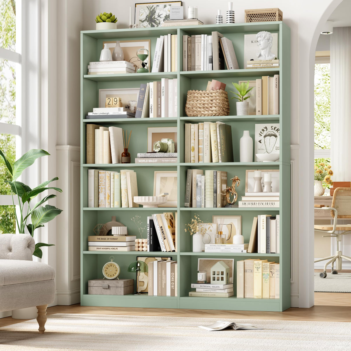 FACBOTALL Bookshelf and Bookcase, 6-Tier Double Wide Bookshelves, Freestanding Display Storage Shelves, Tall Bookcases for Home Decor Bedroom, Living Room, Home Office, Green FACBOTALL