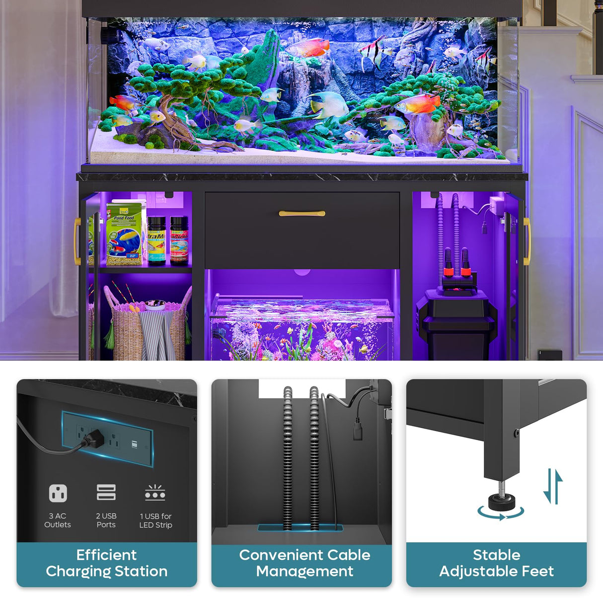 Bestier 55-75 Gallon Fish Tank Stand with Power Outlet & LED Light, 49.2"x13.8" Heavy-Duty Aquarium Stand with Storage, Dual Glass Cabinet, 8 Thicken Metal Legs, Suit for Reptile/Turtle Terrarium Bestier