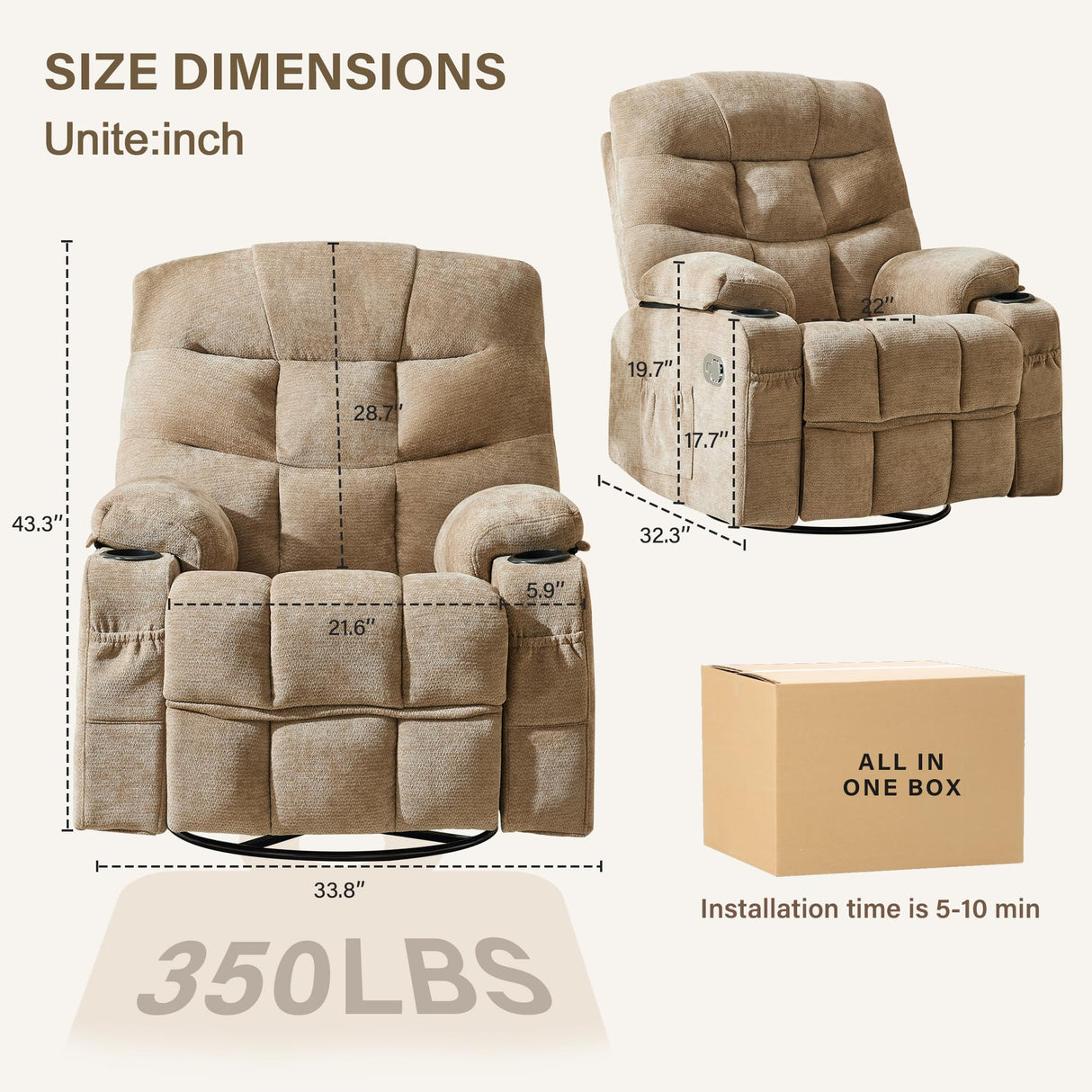 Hicosit Manual 360°Swivel Rocker Recliner Chair,Single Recliner Seat with Cup Holders,Recliner Chairs for Adults, Upholstered Fabric Lazy Boy Recliner for Bedroom,Living Room,Brown Hicosit