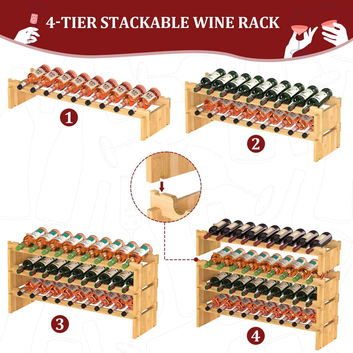 Domax Wine Rack Freestanding Floor - 36 Wine Bottle Holder, Large Stackable Wooden Storage Racks for Inside Cabinet and Countertop (Yellow) Domax
