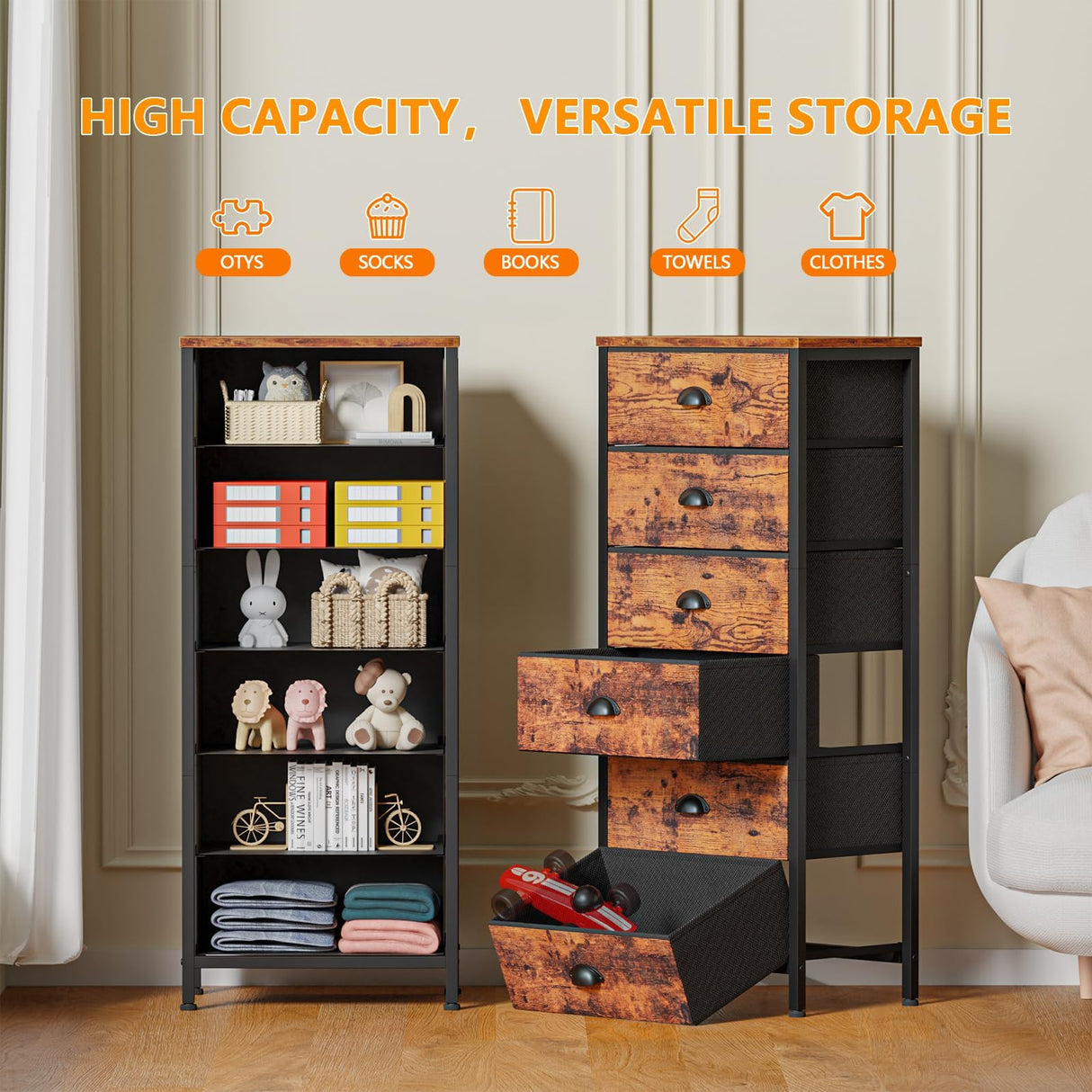 Furnulem Tall Dresser with 6 Drawers,Vertical End Table and Nightstand for Bedroom,Industrial Dorm Bedside Furniture with Fabric Storage Drawer Organizer in Living Room,Closet,Entryway(Rustic Brown) Furnulem