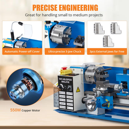 Upgraded Metal Lathe 7x14inch, Precision Bench Top Mini Metal Lathe 550W Precision Metal Lathe Variable Speed 0-2500 RPM Metal Gear with A Movable Lamp - WoodArtSupply