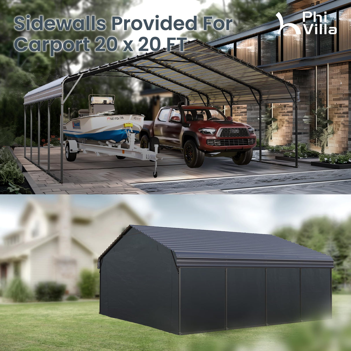 PHI VILLA 20 x 20 ft Carport 2 car Metal Carports with Galvanized Steel Roof with Sidewalls Enclosure Kit, Sturdy Heavy Duty Metal Carport for Cars, Boats, and Tractors PHI VILLA