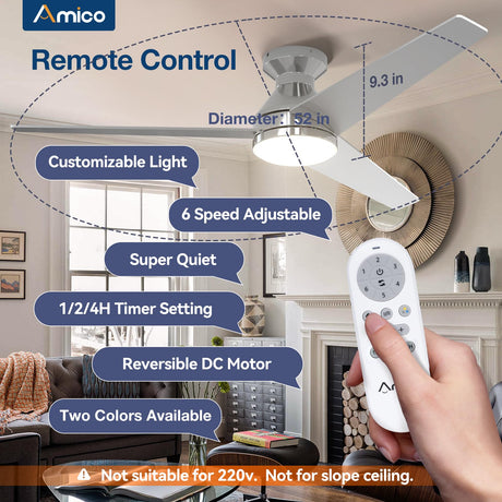 Amico Ceiling Fans with Lights, 52 inch Low Profile Ceiling fan with Light and Remote Control, Flush Mount, Reversible, 3CCT, Dimmable, Noiseless, Nickel Ceiling Fan for Bedroom, Indoor/Outdoor Use Amico
