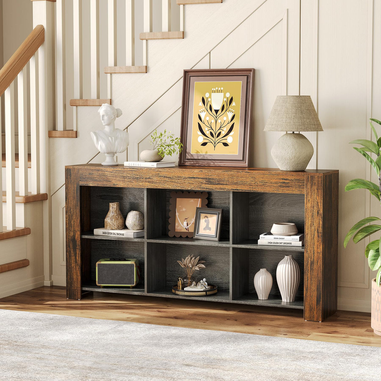 LITTLE TREE Console Table with Storage, 63-Inch Narrow Long Sofa Table, Entryway Table with 6 Cubes, Farmhouse Storage Shelves for Entryway, Living Room LITTLE TREE