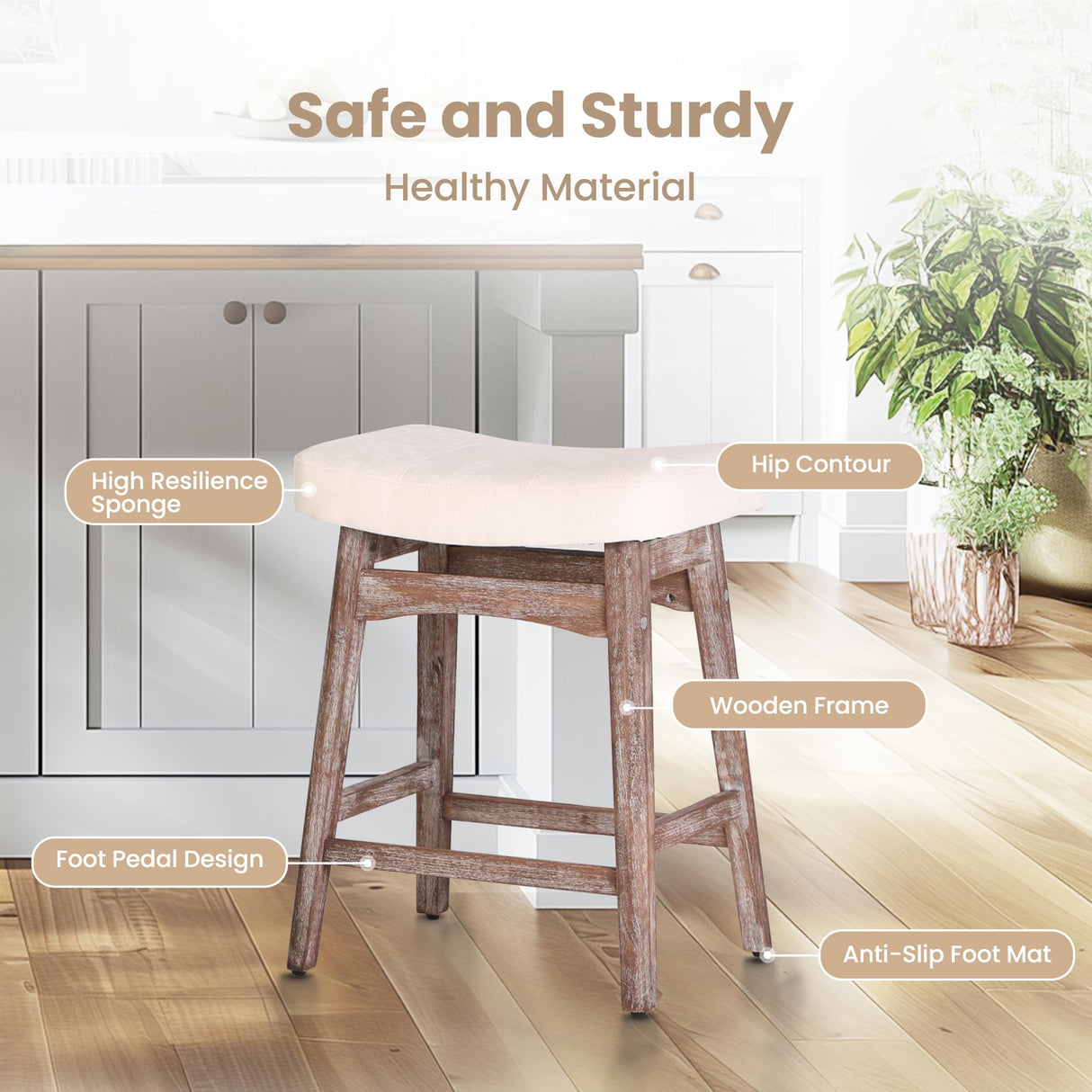 PHI VILLA Farmhouse Bar Stools Set of 2 - Wood Bartools with Upholstered Saddle Seat, 24 inch stools for Kitchen Counter Set of 2 PHI VILLA