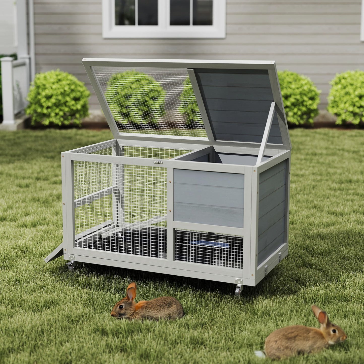 Wooden 36Inches Rabbit Hutch Indoor with Wheels Bunny Cage Outdoor Durable Wide Space Rabbit Cage with Tray, Openable Roof, Anti-Slip Ramp for Small Bunny Rabbit (Grey)