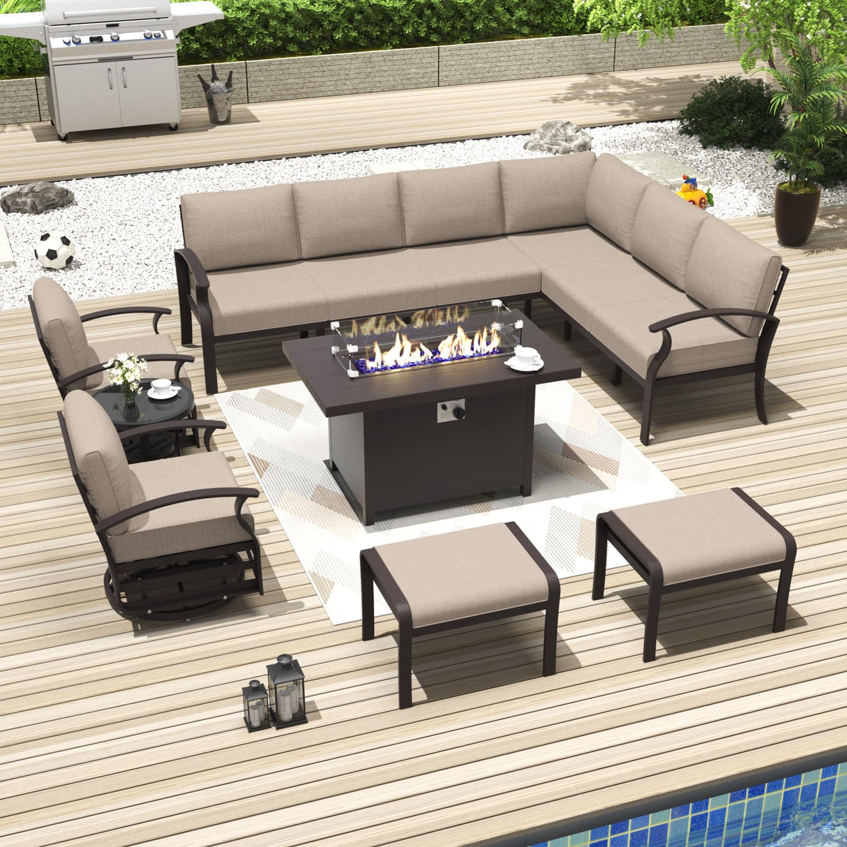 Kurapika Patio Furniture Set 10-Piece Aluminum Sectional Sofa with Armrest, Modern Outdoor Conversation Set w/55000 BTU Propane Fire Pit Table, Metal Corner Sofa with Ottoman, Sand Kurapika