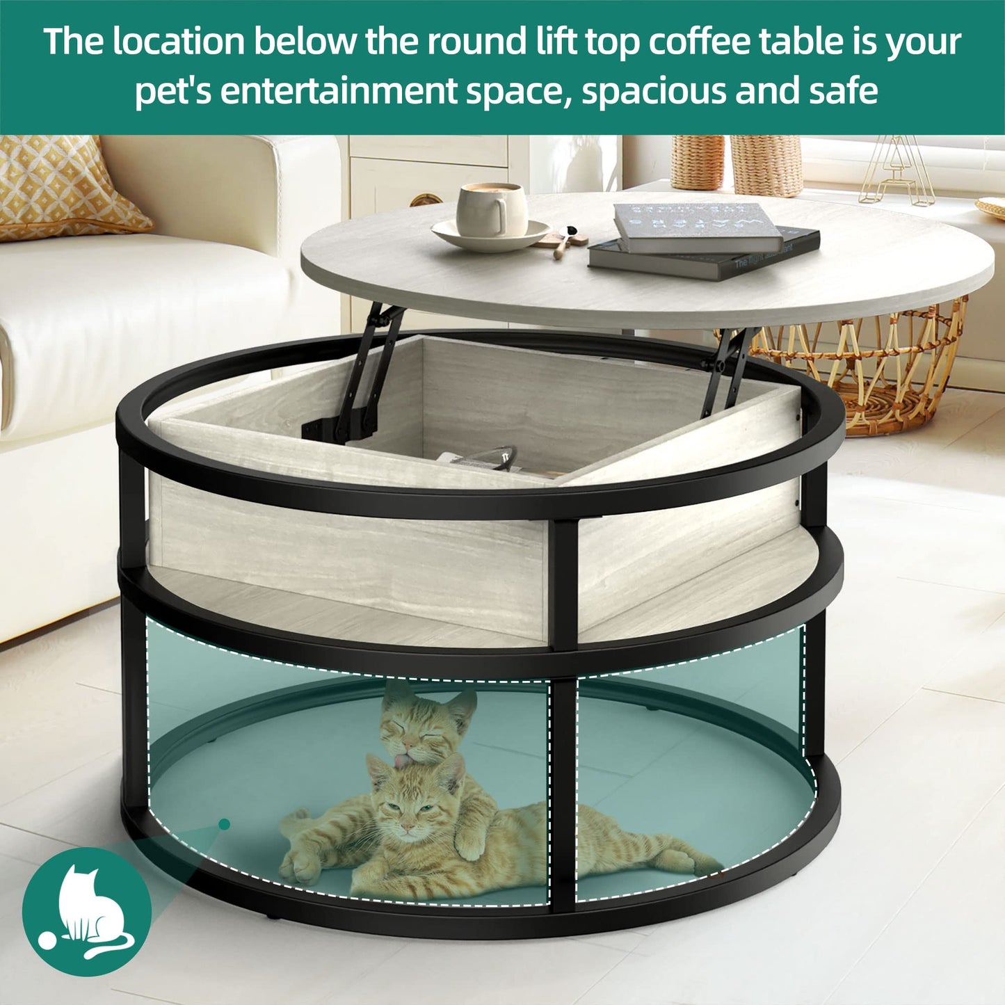 YITAHOME Round Lift Top Coffee Table, Coffee Tables for Living Room with Hidden Storage Compartment, Modern Coffee Table with Storage for Home Office, Center Tables Living Room, White Oak and Black