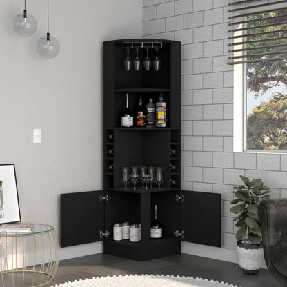 Cairo Corner Bar Cabinet with Glass Rack, Multiple Shelves, and 8 Wine Cubbies, Black