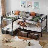 PVWIIK L-Shaped Quad Bunk Bed with Storage Drawers for 4 Kids,Quad Bunk Bed Frame with Built-in Ladder & Full-Length Guardrails,Easy to Assemble,Space Saving, Black PVWIIK