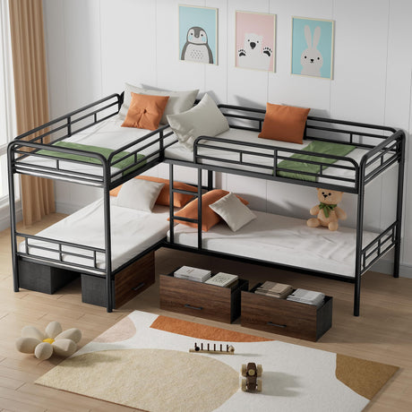 PVWIIK L-Shaped Quad Bunk Bed with Storage Drawers for 4 Kids,Quad Bunk Bed Frame with Built-in Ladder & Full-Length Guardrails,Easy to Assemble,Space Saving, Black PVWIIK