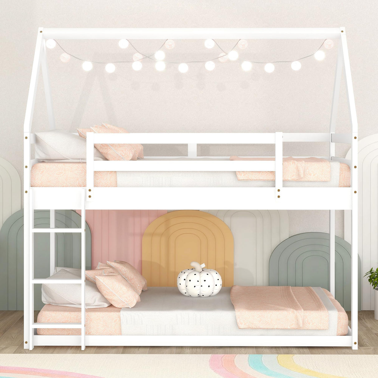 Bellemave Low Twin Over Twin House Bunk Bed for Kids - Solid White Wood with Ladder and Guardrails Bellemave