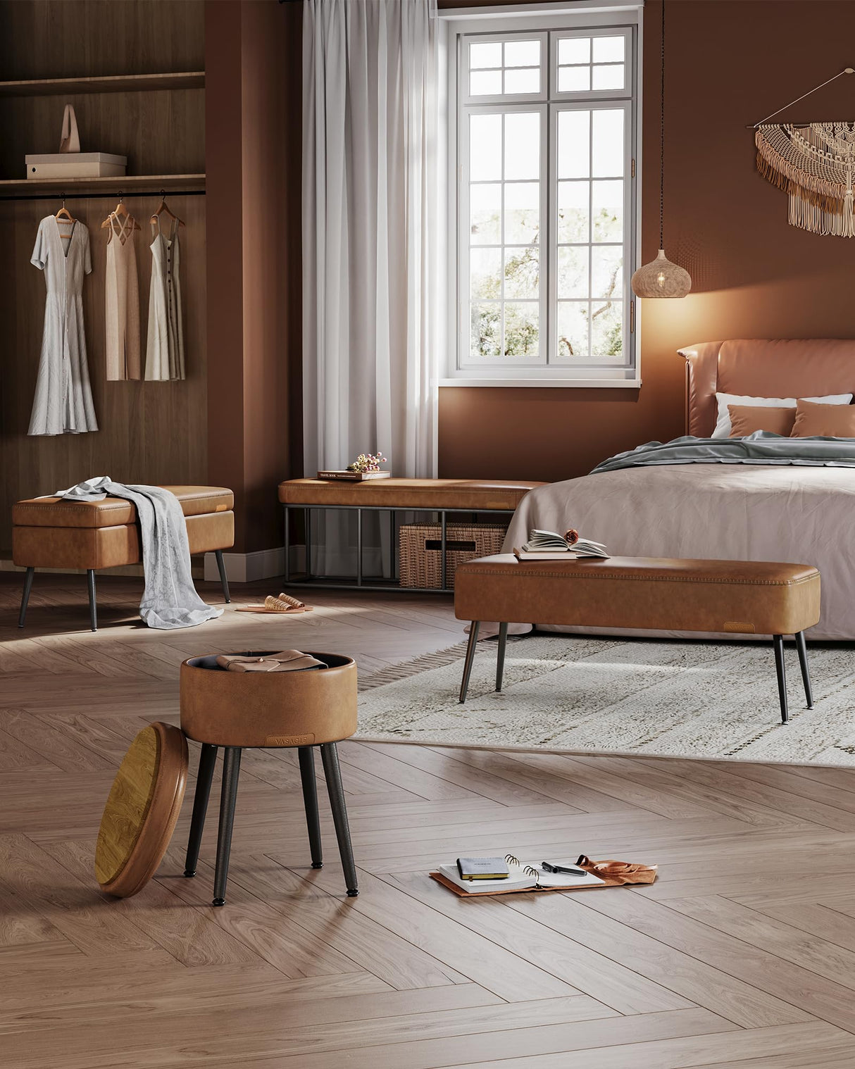 VASAGLE EKHO Collection - Bench for Entryway Bedroom, Synthetic Leather with Stitching, Ottoman Bench with Steel Legs, Living Dining Room, Mid-Century Modern, Loads 660 lb, Caramel Brown ULOM076K01 VASAGLE