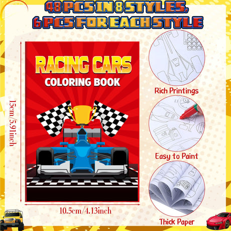 Spakon 48 Pcs Race Car Coloring Books Mini Bulk Racecar Party Favors Race Car Color Books Birthday Decorations Small Activity Book Pages for Racecar Goodie Bags Wheels Theme Birthday Supplies (Car) Spakon