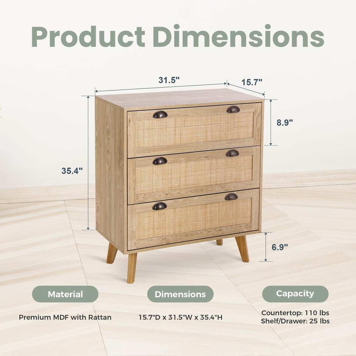 PHI VILLA Rattan Dresser - Rattan Nightstand Boho Cabinet Small Dresser 3 Drawer Dresser/Side Table/Bedside Table, Rattan Cabinet PHI VILLA