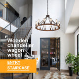 Benkut Farmhouse Wagon Wheel Chandelier 31" Black Rustic Light Fixtures 12-Light Wood Round Chandelier for Dining Room Living Room Entryway Foyer Benkut