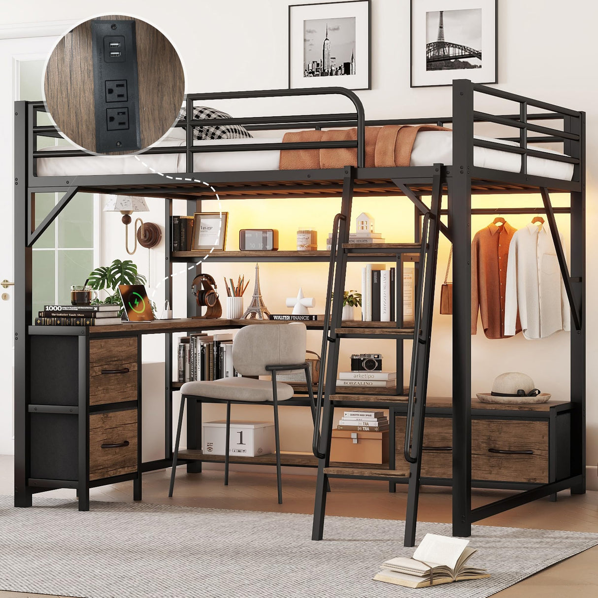 Loft Bed Queen Size with Desk and Charging Station, Metal Loft Beds Frame with LED Lights, Bookcase & 4 Fabric Storage Drawers & Bench, Adults Loft Beds with Wardrobe -Safety Guard & Ladder, Black Mirightone