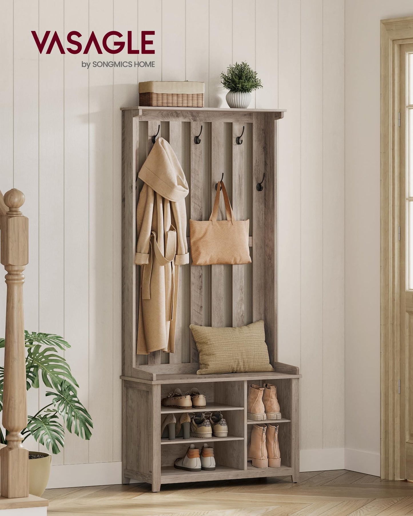 VASAGLE Hall Tree with Bench and Shoe Storage, Coat Rack with Shoe Bench, 7 Double Hooks for Jackets, Hats, Entryway, Bedroom, Living Room, 13.8 x 31.9 x 70.9 Inches, Heather Greige UHSR414G01