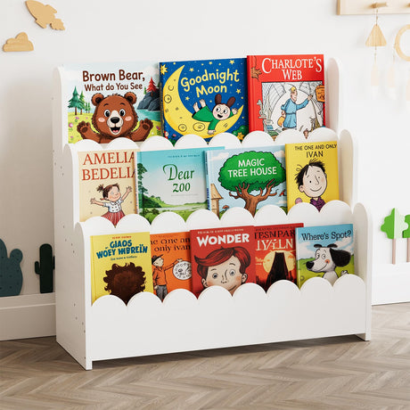 SpaceAid 3-Tier Scalloped Bookshelf, Montessori Bookcase for Toddlers, Wooden Book Shelf Organizer Display Furniture for Kids Rooms, Playroom, Nursery and Classroom, White SpaceAid