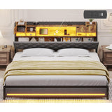 busyaeh King Size Bed Frame with Upholstered Storage Headboard, King Bed Frame with Smart LED Lights, Camas King Bed with Charging Station,Noise-Free, Metal Support, No Box Spring Needed, Gray busyaeh