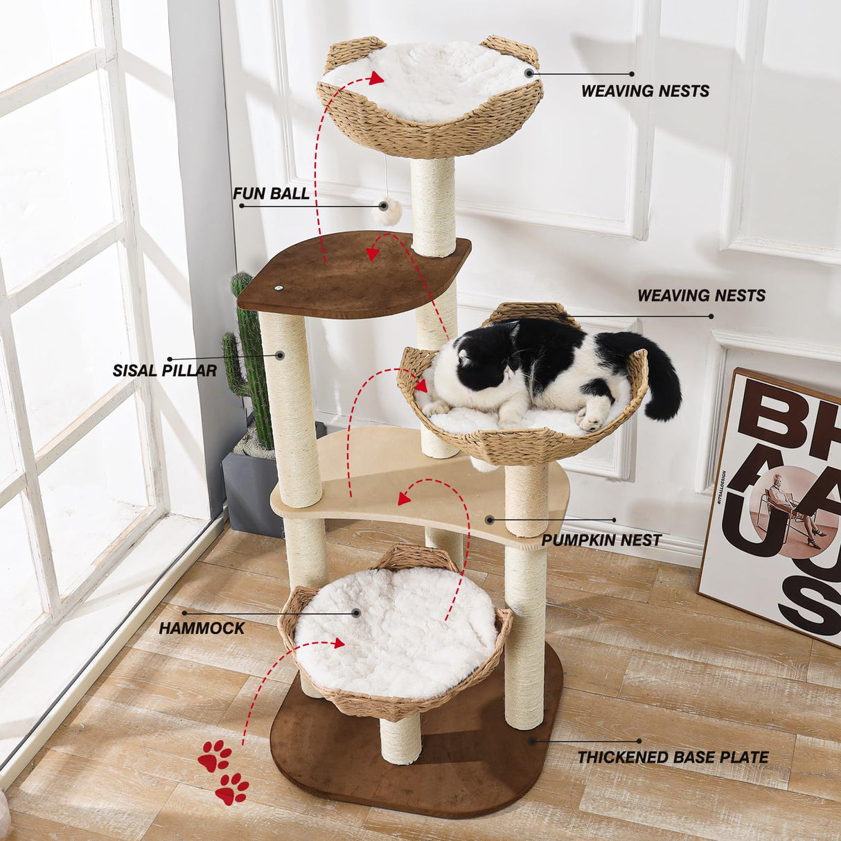 Big Modern Design Cat Tree Tower with White Cloud Mat, Unique Cat Supplies Tower with Scratching Post, Cute Wood Cat Tree Cat Furniture Activity Centre for Indoor Big Cats SHODMI