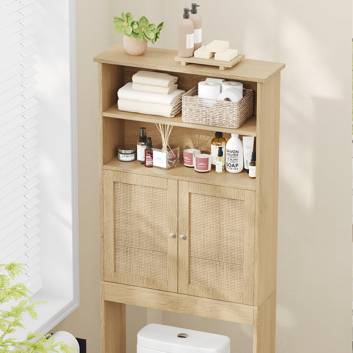 Reettic Tall Over The Toilet Storage with Two Doors, Floor Bathroom Space Saver with Inner Adjustable Shelf, Wooden Bathroom Cabinet Organizer Over Toilet, Natural BMGZ151M Reettic