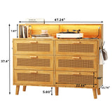 Dresser for Bedroom, 6 Drawer Boho Dresser with LED Light, Rattan Chest of Dressers, Modern Wood Dresser Chest, BesideTable for closet,Storage Organizer Cabinet for Hallway Entryway LivingRoom Natural Hiwelldas