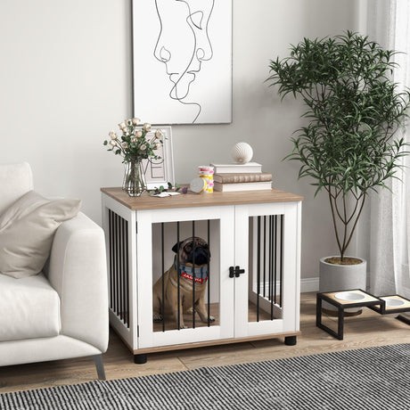 PawHut Dog Crate Furniture, Side Table Indoor Dog Kennel, End Table with Lockable Door for Small and Medium Dogs, Walnut Brown PawHut