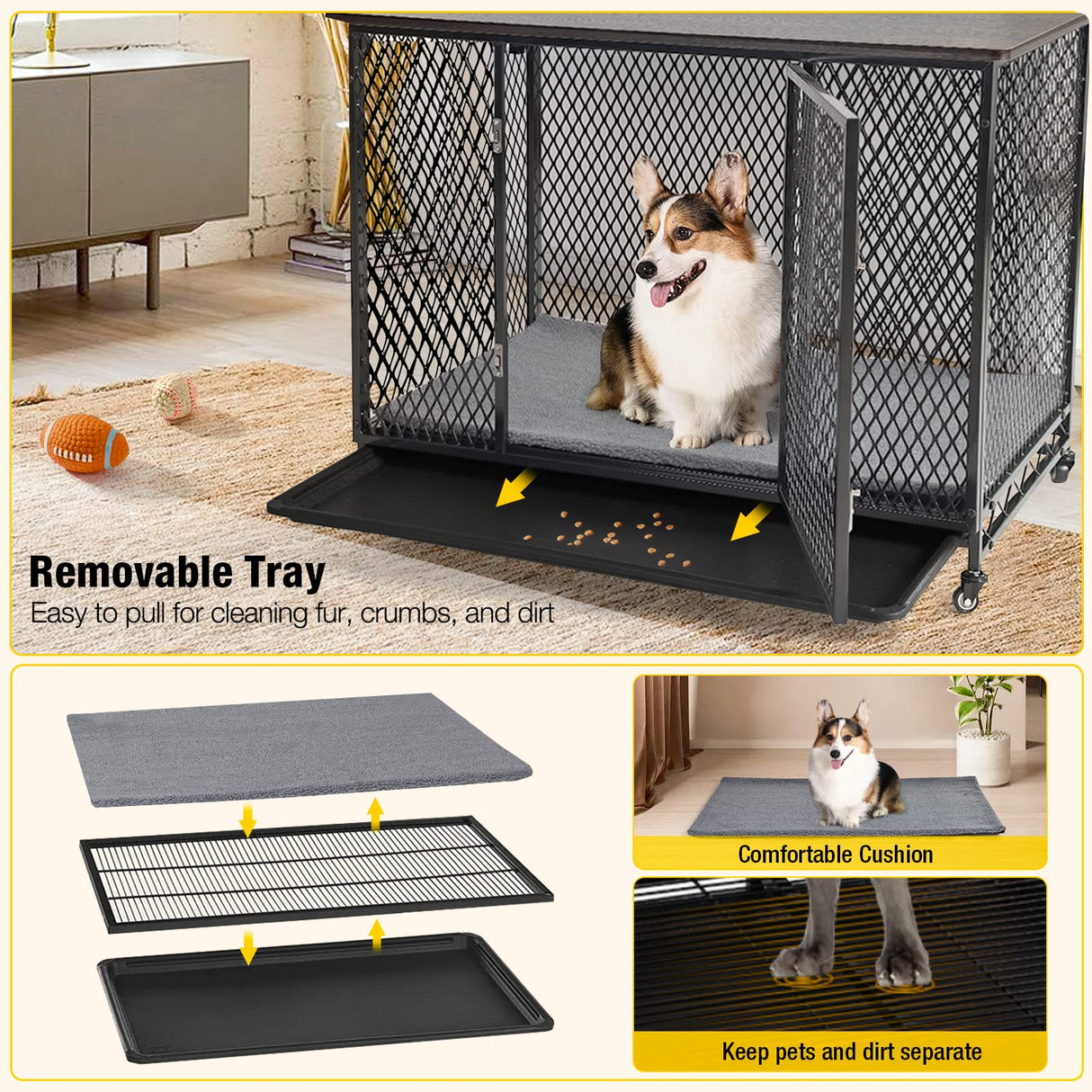 Aivituvin Dog Crate Furniture Movable Side End Table Indoor Dog Kennel for Small Medium Large Dogs Double-Doors Wooden Dog House with Cushion, Tray, Wire Floor(38.6") Aivituvin