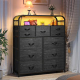 EnHomee Black Dresser with LED Lights & Charging Station,11 Drawers Dresser with 2 Tier Shelves & 4 Hooks, Fabric Dresser for Bedroom, Closet, Living Room, Entryway,Sturdy Frame,Wooden Top EnHomee