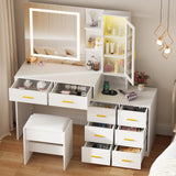 ANWBROAD 51.8" Makeup Vanity Desk with Mirror and Lights White Vanity Table with RGB Cabinets 8 Drawers Power Outlet Large Dresser Dressing Table with Storage Shelves Stool for Bedroom Girls UBDT77W ANWBROAD