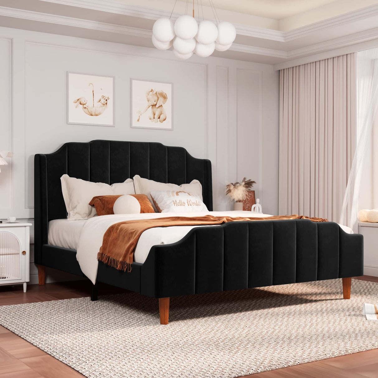 Allewie Queen Size Velvet Bed Frame Upholstered Platform Bed with Vertical Headboard and Footboard, Solid Wood Leg and Strong Slats Support, No Box Spring Needed, Easy Assembly, Black Allewie