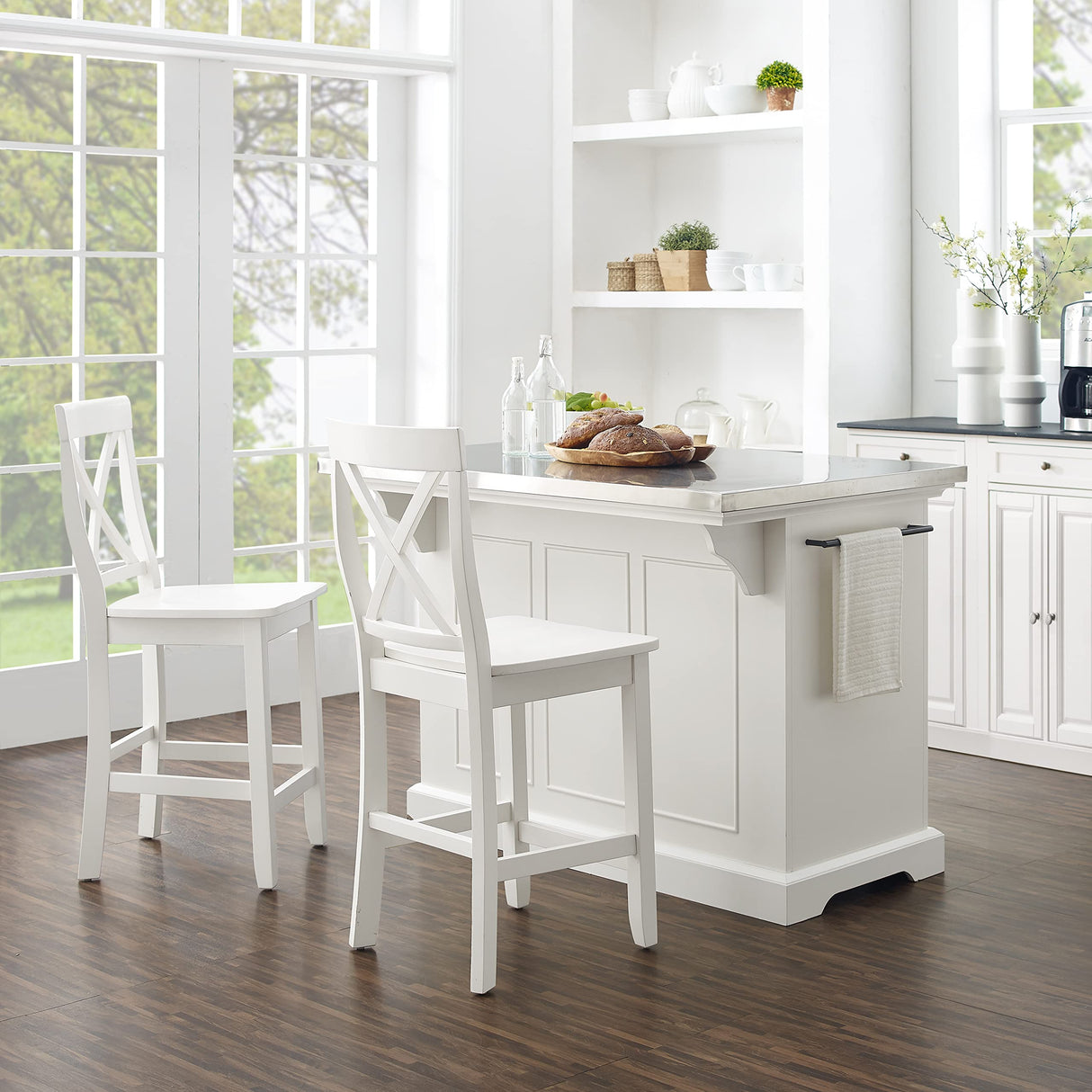 Crosley Furniture Julia Stainless Steel Top Island with Storage, Coffee Bar, and a Set of 2 X-Back Stools, White Crosley Furniture