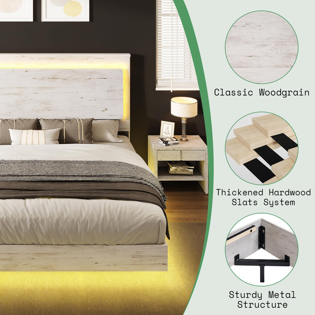 AMERLIFE Distressed White Full Bed Frame with Floating Design, Recline Headboard & Versatile RGB LED Lighting AMERLIFE