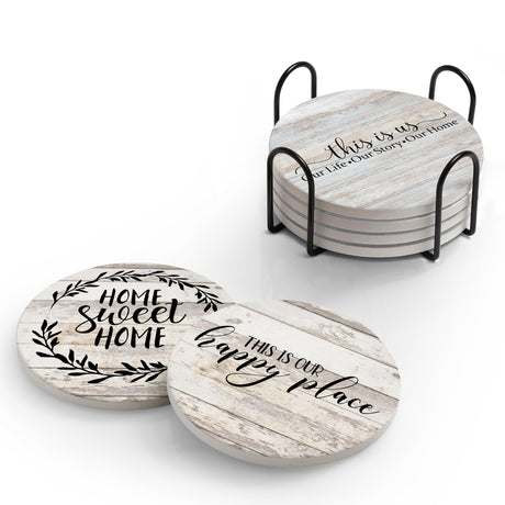 Hoomey Coasters for Drinks, Set of 6 Absorbent Drink Coasters with Holder, Farmhouse Style Ceramic Drink Coasters with Cork Backing for Table Protection, Housewarming Gifts for New Home Hoomey