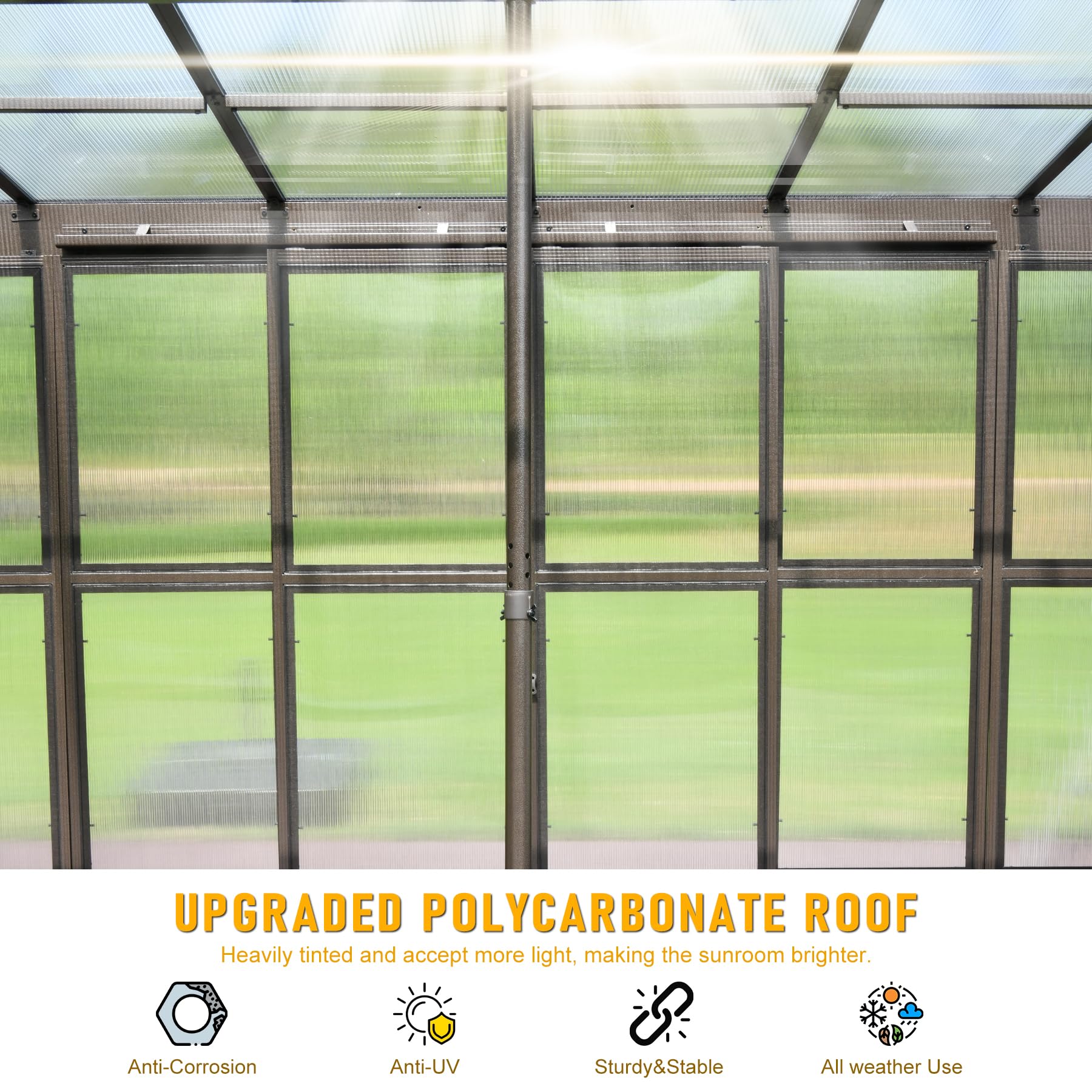 Domi Lean-to Sunroom 12x14FT, Wall Mounted Solarium with Sloping Polycarbonate Roof, Detachable Polycarbonate Screens, 2 Lockable Sliding Doors, Aluminum Gazebo Against Wall Sun Room for Pati - WoodArtSupply