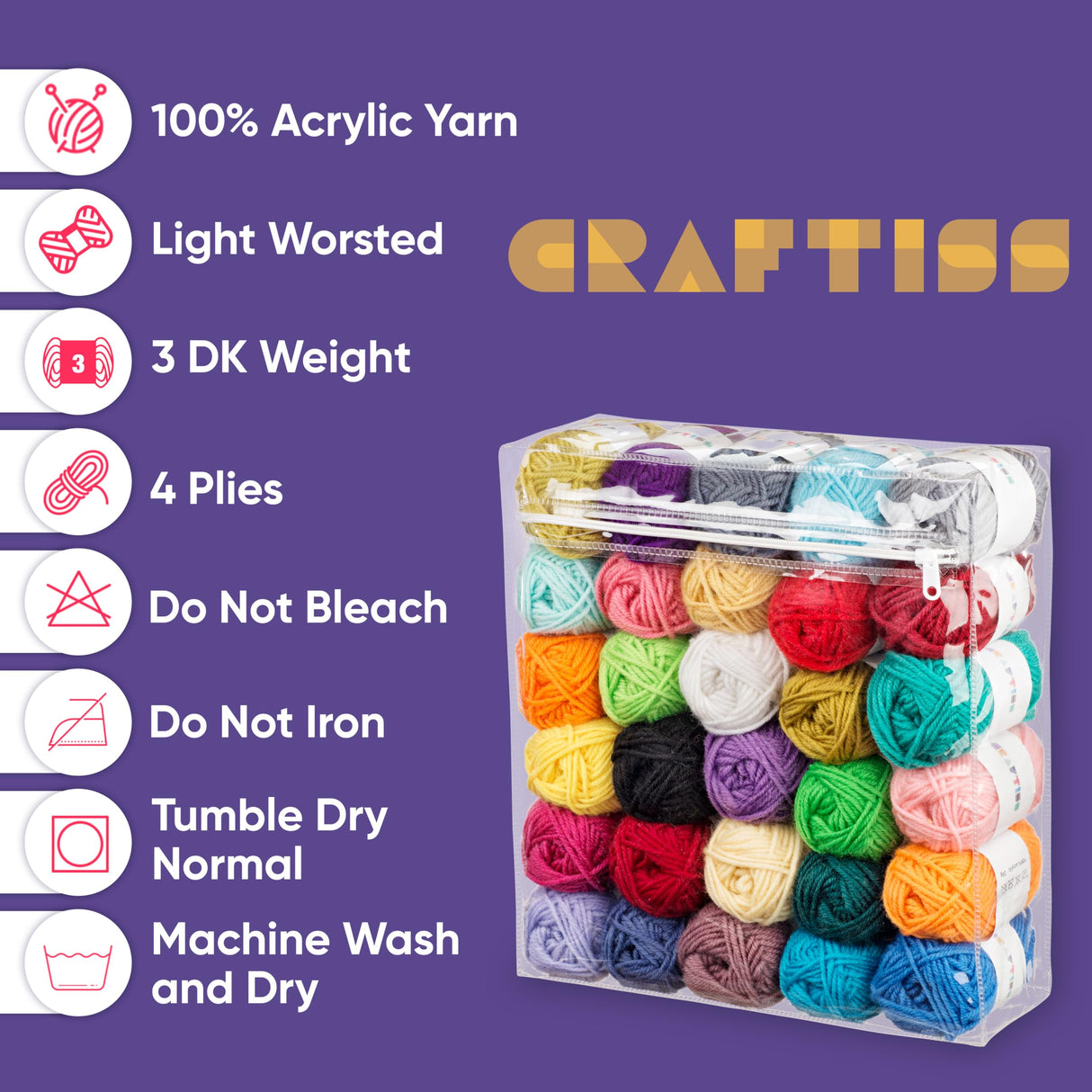 CRAFTISS 30x0.7Oz Acrylic Yarn Mini Skeins - 1300 Yards of Soft Yarn for Crocheting and Knitting Craft Project, Assorted Starter Crochet Bulk Kit for Adults and Kids CRAFTISS