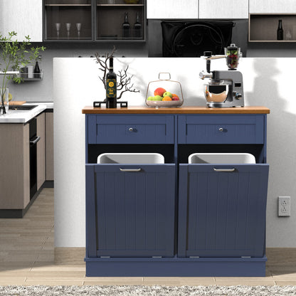 TOLEAD Double Tilt Out Trash Cabinet 20 Gallon,Antique-style Beadboard Trash Can Cabinet Kitchen with Solid Wood Tabletop & Drawer, Pet Proof Trash Can, Wood Laundry Cabinet (Blue) - WoodArtSupply