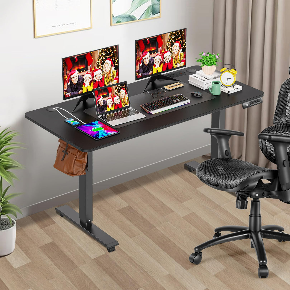 farexon Electric Standing Desk 63 x 24In with Charging Station, Stand up Desk with Oversized Mouse Pad, 2 USB Ports & 3 Power Outlets, 4 Caster, 4 Preset Heights Easy to Set（Black farexon