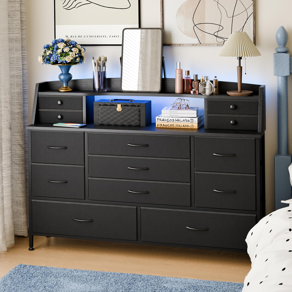 Fixwal Black Nursery Dresser for Bedroom with 13 Drawers, Fabric Chest of Drawers with PU Finish for Kids, Boys, Adults, Nursery, Living Room, Closet, Entryway, Hallway (No LED Lights) Fixwal