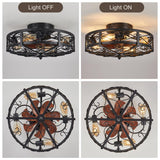 MeZeYo 20" Caged Farmhouse Flush Mount Ceiling Fan with Light and Remote Control Bladeless Low Profile Ceiling Fans with Lights Enclosed Vintage Fan 6 Speed Reversible for Kitchen, Bedroom MeZeYo