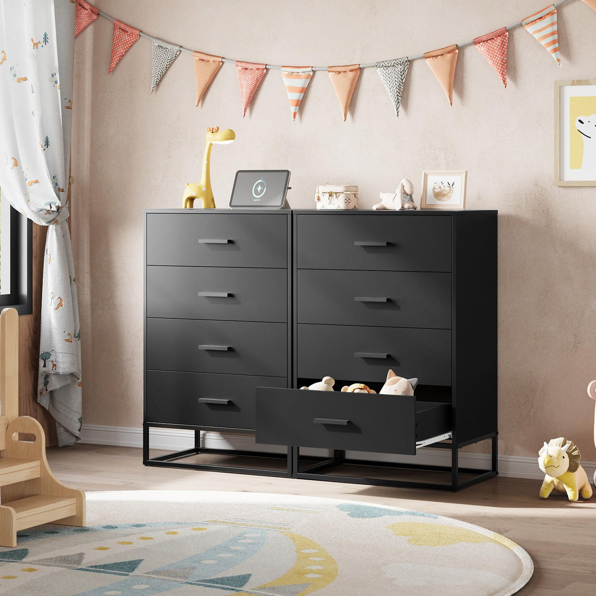 WLIVE Black Dresser for Bedroom with 4 Drawers, Tall Dresser with Sturdy Metal Frame, Wood Chest of Drawers for Closet, Living Room, Hallway WLIVE