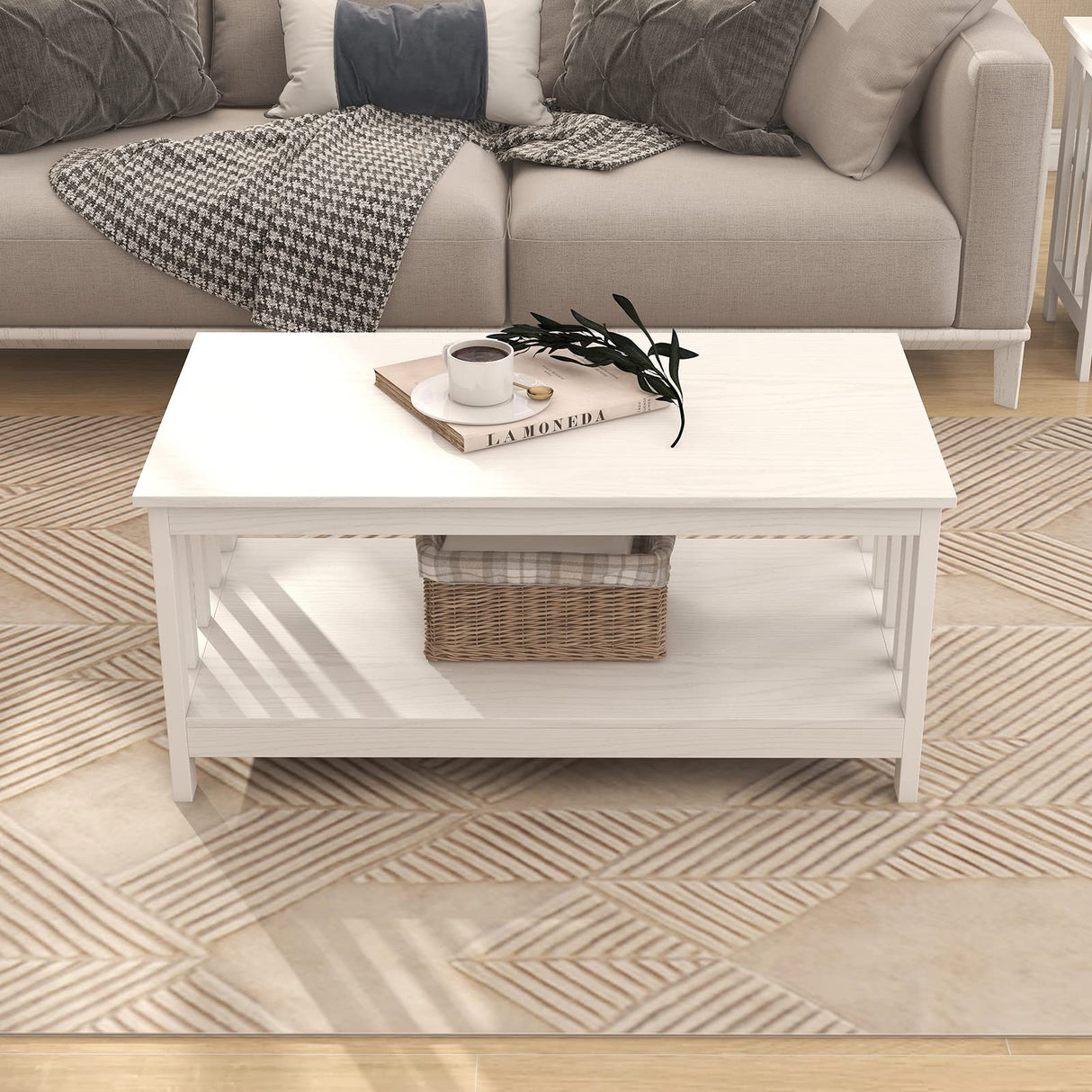 ChooChoo Farmhouse Coffee Table, Pure White Living Room Table with Shelf, 40 Inch ChooChoo